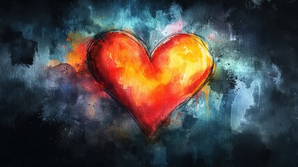 Vibrant Watercolor Heart on Dark Background with Bold Colors
