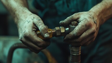 A mechanic's hands tightening a metal pipe fitting with oil stains.