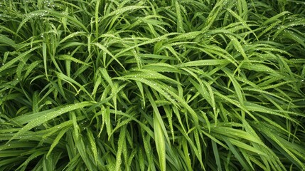 Obraz premium Vibrant Green Grass Growing in a Serene Landscape, Dew Drops Shimmering on the Blades, Surrounded by Soft, Natural Lighting