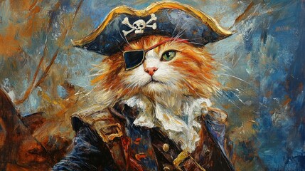 A Pirate Cat's Bold Gaze: An Impeccably Detailed Oil Painting