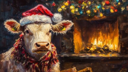 A Festive Cow by the Fireplace: Christmas Painting