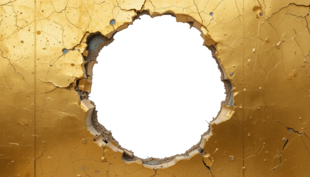 Golden cracked surface with irregular Hole. With clipping path. Metal texture concept.
