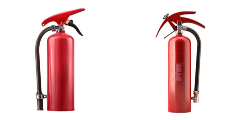 Red fire extinguisher, essential for fire safety and emergency preparedness, designed to combat various fire types., on transparent PNG file