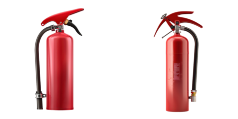 Red fire extinguisher, essential for fire safety and emergency preparedness, designed to combat various fire types., on transparent PNG file