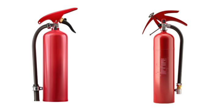Red fire extinguisher, essential for fire safety and emergency preparedness, designed to combat various fire types., on transparent PNG file