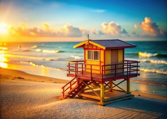 Fototapeta premium Beach Lifeguard Hut Bokeh Photography: Stunning Coastal Images, Summer Vacation, Ocean View, Relaxing Seaside Scene