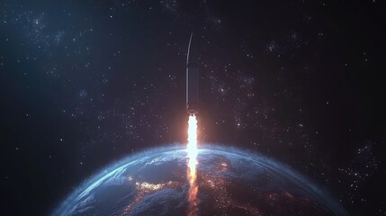 Rocket launching into space above earth digital art cosmic environment aerial view innovation and technology