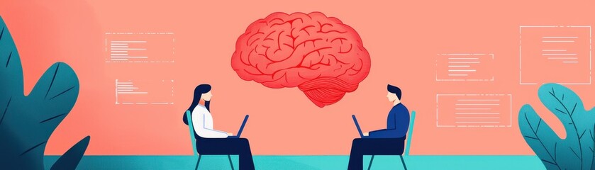 A digital illustration featuring two people engaged in discussion, with a large brain graphic in the background, symbolizing ideas and mental processes.