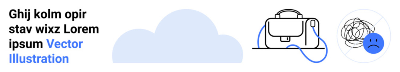 Cloud shape, virtual reality headset, tangled thoughts with blue sad face. Ideal for tech, mental health, education, illustrations, web design, apps, social media. Landing page