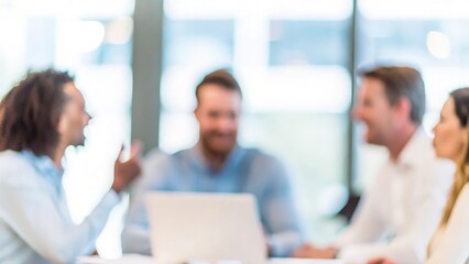 Fototapeta premium A business team in a dynamic meeting, with a blurred office background to emphasize focus on the team. 