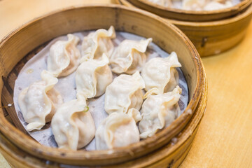 Steaming hot pork dumplings ready to eat