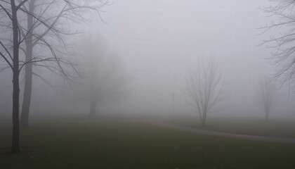 Foggy park path in winter with bare trees