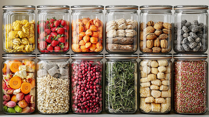 Organized pantry with various food items in glass jars.