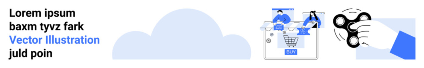 Hand holding a spinner near a screen displaying shopping cart icons and graphics above a cloud shape. Ideal for online shopping, e-commerce, digital marketing, website development, cloud computing