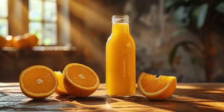 Bottle with orrange juice background. Generated AI