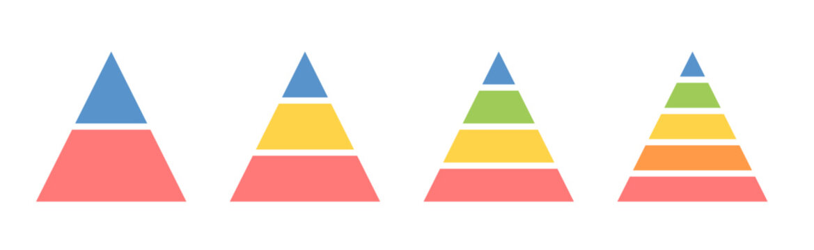 Levels of triangular pyramid. Half triangle pyramid chart. Maslow layer diagram. Development level infographic. Business graph. Vector illustration isolated on white background.