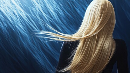 Naklejka premium A woman with long, luscious blonde hair turns her back to the camera, showcasing the health and vitality of her tresses. The iron in her hand suggests that she is meticulously caring for