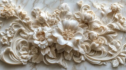 Exquisite White Marble Floral Carving: Intricate 3D Relief Pattern for Home Decor