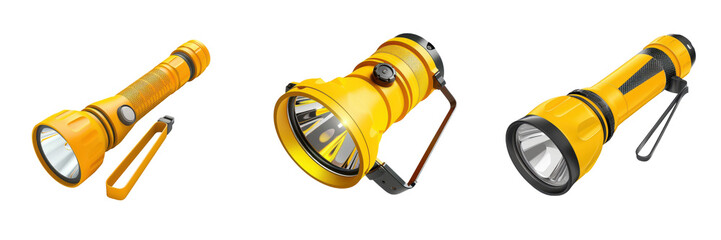 Bright yellow flashlight ideal for camping, emergency situations, or outdoor activities. Portable and durable, perfect for various uses., on transparent background png file