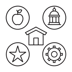 set of educational equipment (cap, globe , book, pen, pencil, light, apple, bulb, star) icon line art vector illustration on white background.