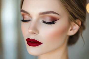 Naklejka premium Close-up of a woman's face with elegant makeup, featuring dark eyeliner and bold red lipstick. Her eyes are softly closed, conveying a serene and sophisticated look.