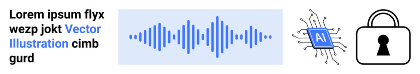 Text block with placeholder words, audio waveform, AI microchip, and padlock icon emphasizing security. Ideal for AI, cybersecurity, text analysis, audio tech, software development online security