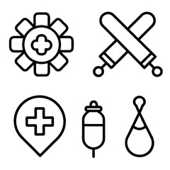 Obraz premium set of medical equipment (heart,bag,medical icon, injection, heart signal, medicine bottle) icon line art vector illustration on white background.