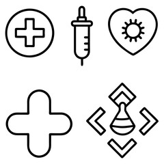 set of medical equipment (heart,bag,medical icon, injection, heart signal, medicine bottle) icon line art vector illustration on white background.