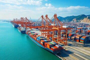 Naklejka premium Dynamic scenes of maritime transport at a container terminal illustrating economic connectivity.