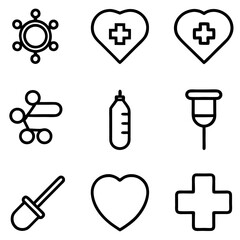 set of medical equipment (heart,bag,medical icon, injection, heart signal, medicine bottle) icon line art vector illustration on white background.