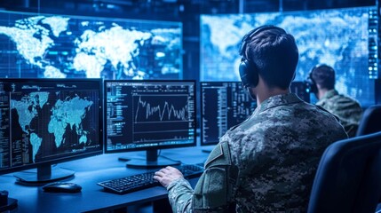 Military personnel monitor multiple computer screens in a high-tech surveillance room.