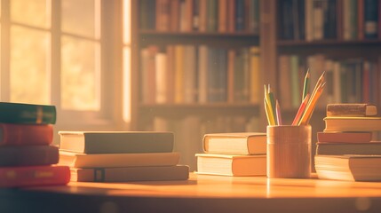 Blurred image of a library with books stacked on a table and colorful pencils in a holder