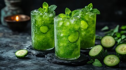 Refreshing cucumber mint iced drinks in glasses with ice.