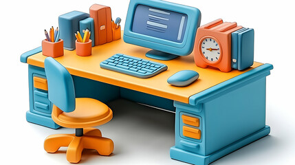 3D Illustration of a Colorful Desk Setup with Computer, Keyboard, Mouse, and Clock.