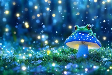 A whimsical frog sits on a glowing mushroom in an enchanted forest, with sparkling fireflies. Generative AI