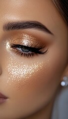 Close-up of eye makeup with gold glitter eyeshadow and highlight.