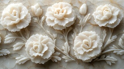 Exquisite White Marble Flower Carving: Intricate Floral Design, Elegant Relief Sculpture, Detailed Botanical Art