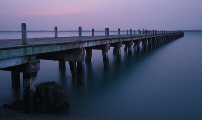 Obraz premium A serene pier extending into calm waters at dusk.
