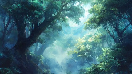 Fototapeta premium Amidst verdant trees veiled in ethereal fog, a serene sanctuary unfolds. The forest teems with vibrant hues of green, painting a tapestry that evokes tranquility and wonder. 