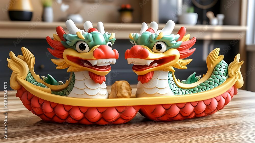 Wall mural Two Adorable Dragon Figurines Adorn a Decorative Boat Exquisitely on a Wooden Table