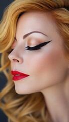 Fototapeta premium Close-up portrait of a woman with red lipstick and dramatic winged eyeliner. Her blonde hair cascades around her face.