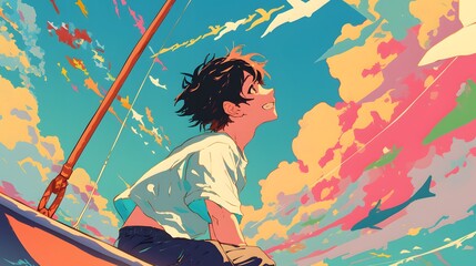 Boy on a boat, looking up at the sky filled with colorful clouds, evoking hope and dreams in anime style