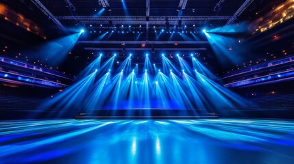 An empty stadium showcasing striking blue lights on the playing surface.