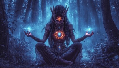 Obraz premium A shamanic woman invokes spirits in a mysterious forest at night.