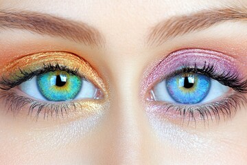 Fototapeta premium Close-up of a woman's eyes with vibrant colorful eye makeup. Shimmering shades highlight the beauty of her gaze.