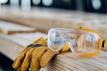 Safety goggles and gloves on wooden planks in a workshop setting.