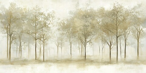 Misty autumn forest, tranquil scene, nature background, home decor.