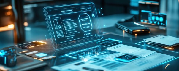 Modern workspace showcase tax payment details projected on holographic display futuristic office digital innovation