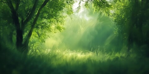 Naklejka premium An abstract representation of a blurred natural background showcasing trees and a lush forest during a vibrant summer day, emphasizing the beauty of nature s greenery and tranquility.