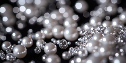 Shimmering silver white beads shine brilliantly against a dark black backdrop. The contrast highlights the glimmering beads that stand out vividly.